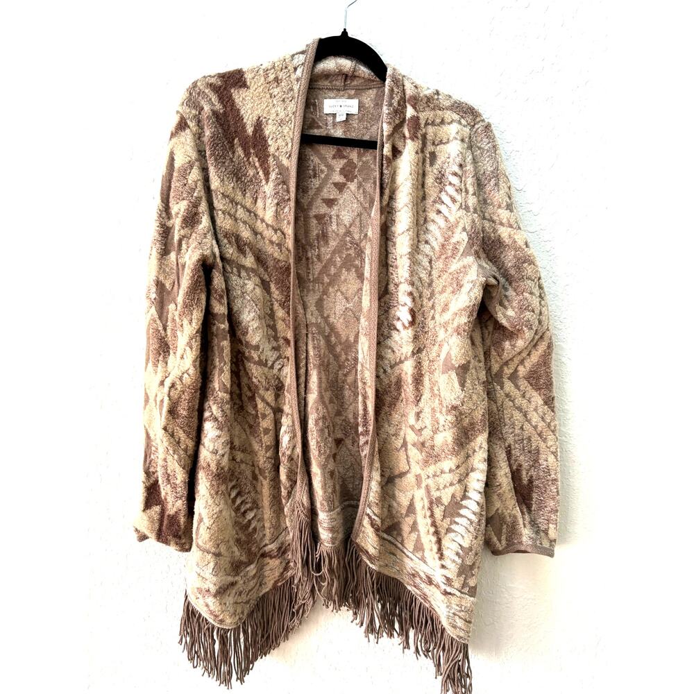 Lucky Brand Cardigan Poncho Western Fringe Rodeo Tan Sweater Cotton Medium $95